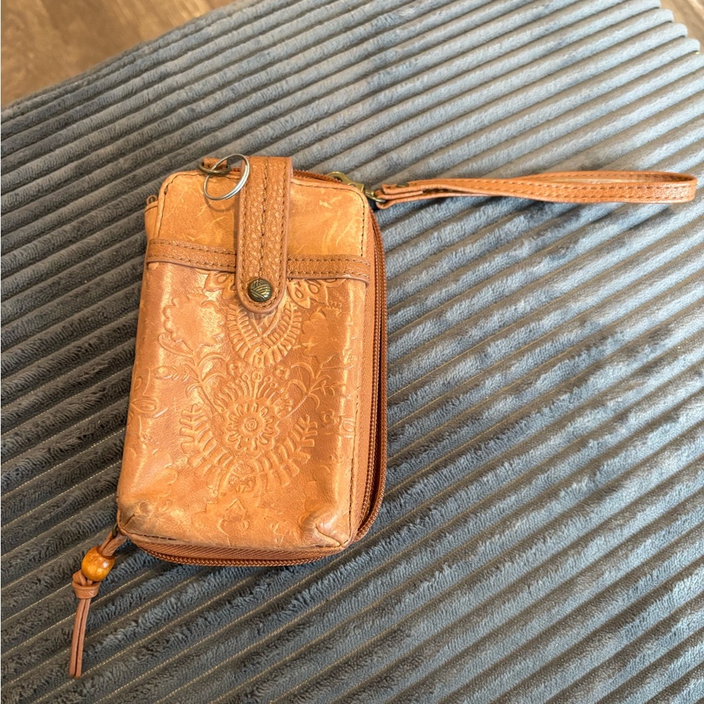 The Sak Embossed Leather Wristlet Clutch in Tan